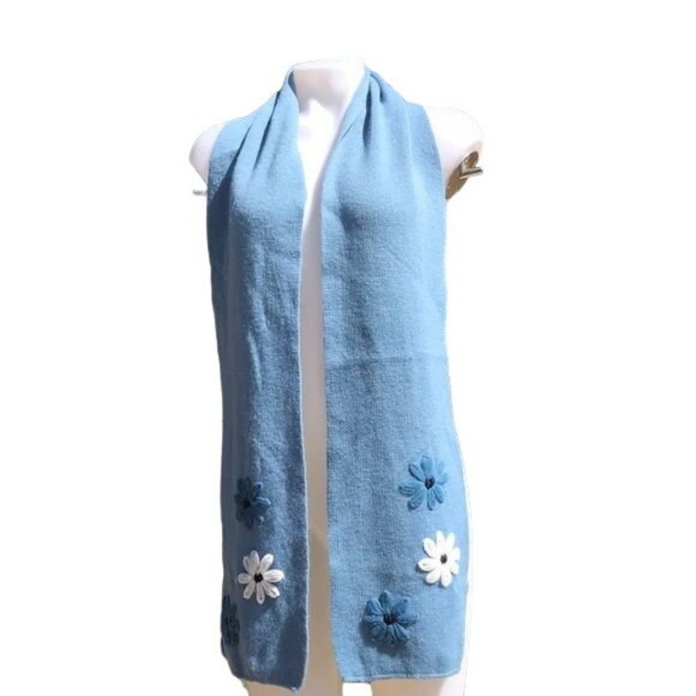 Vintage Y2K Hippie Light Blue Embroidered Floral Scarf Wide One Size